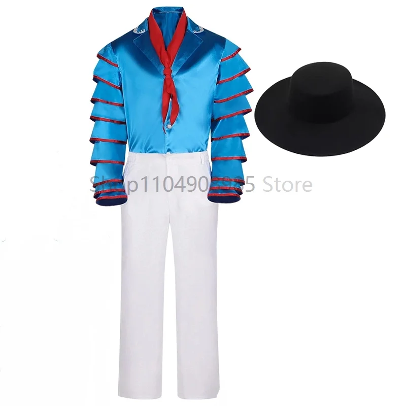 

Movie Carry Blue Dance Outfit Halloween Carnival Party Costume Superhero Adult TOP pants Cosplay Suit For Men