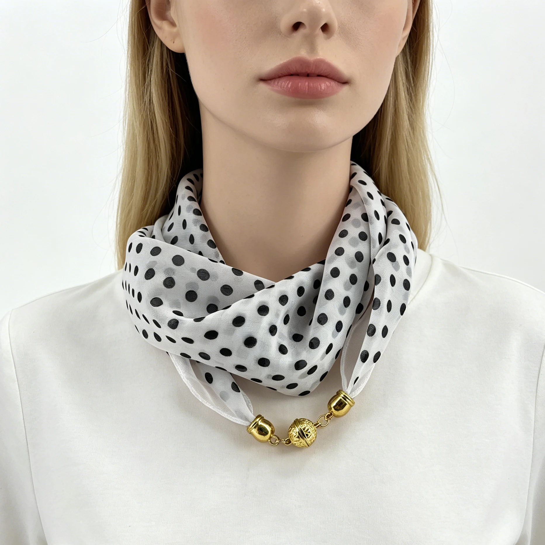 Schal mit Polka-Dot-Print und Magnetverschluss, dünner quadratischer Chiffon-Wickelschal, einfacher, bequemer Schnell-Trage-Halstuch, dekorativer Halstuch. – Detail 4