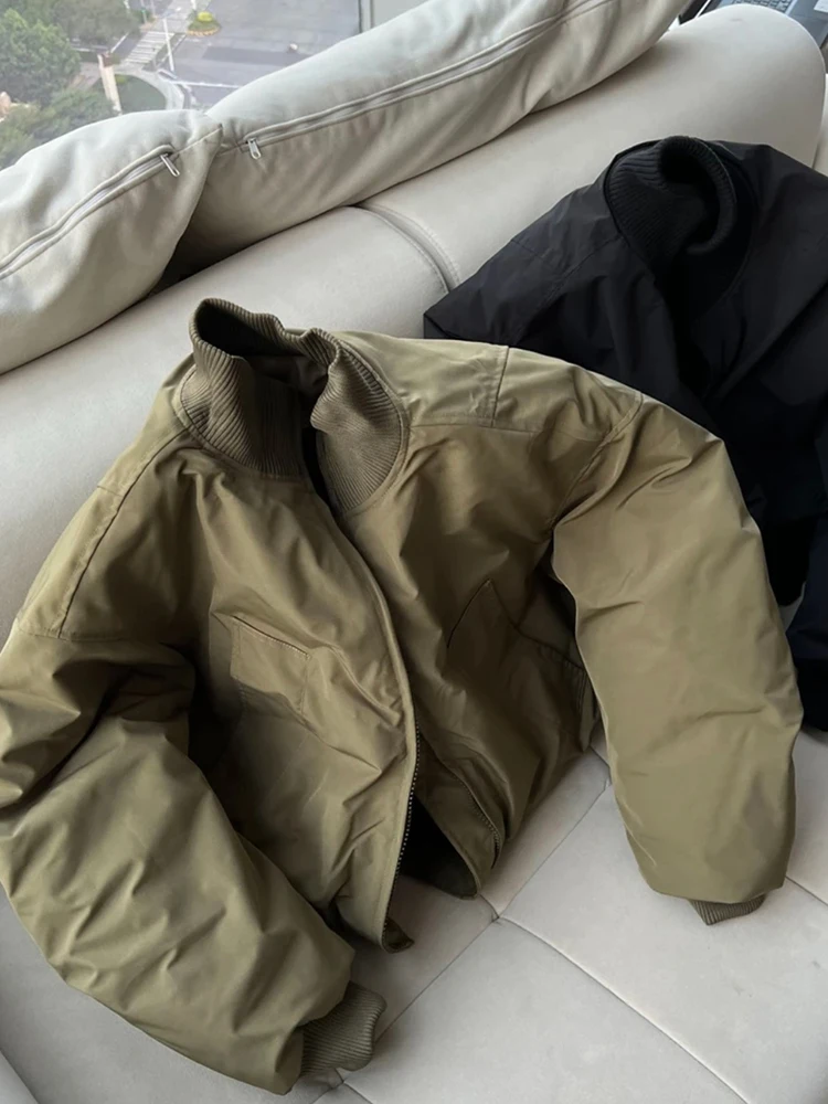 

Men's Bomber Jacket Military Green Cotton Winter Thickened Quilted Stand Collar American Retro Silhouette Outerwear