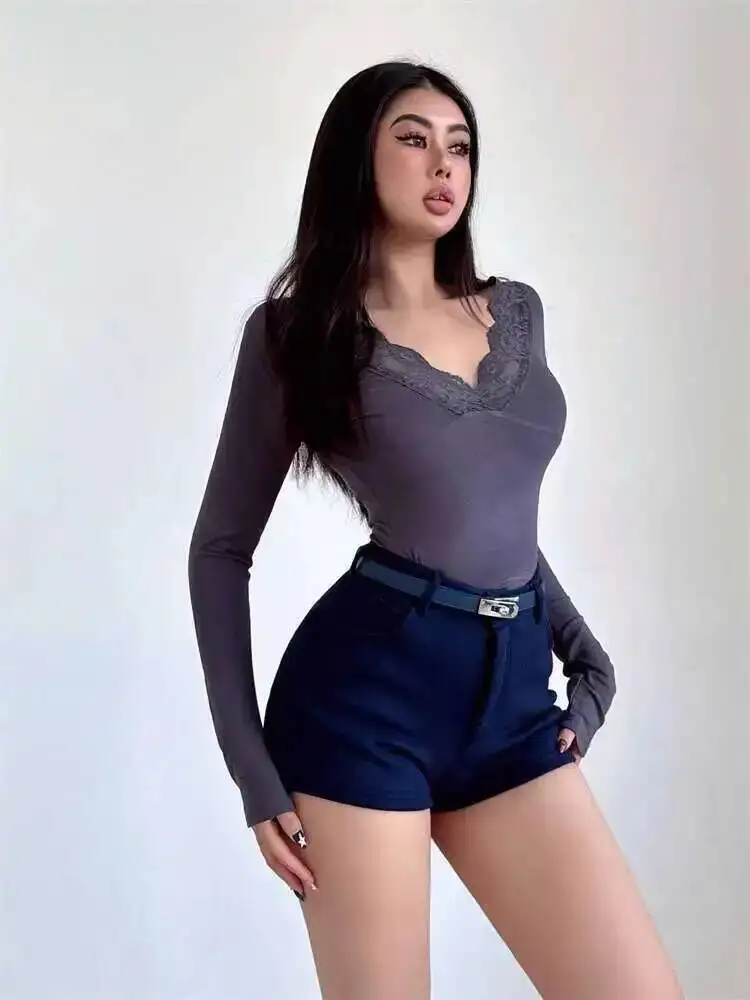 가을 겨울을위한 섹시한 레이스 패치 워크 v 넥 탑 숙녀 플레어 슬리브 투명 긴 소매 여성 티셔츠 스위트 티셔츠 S3AU