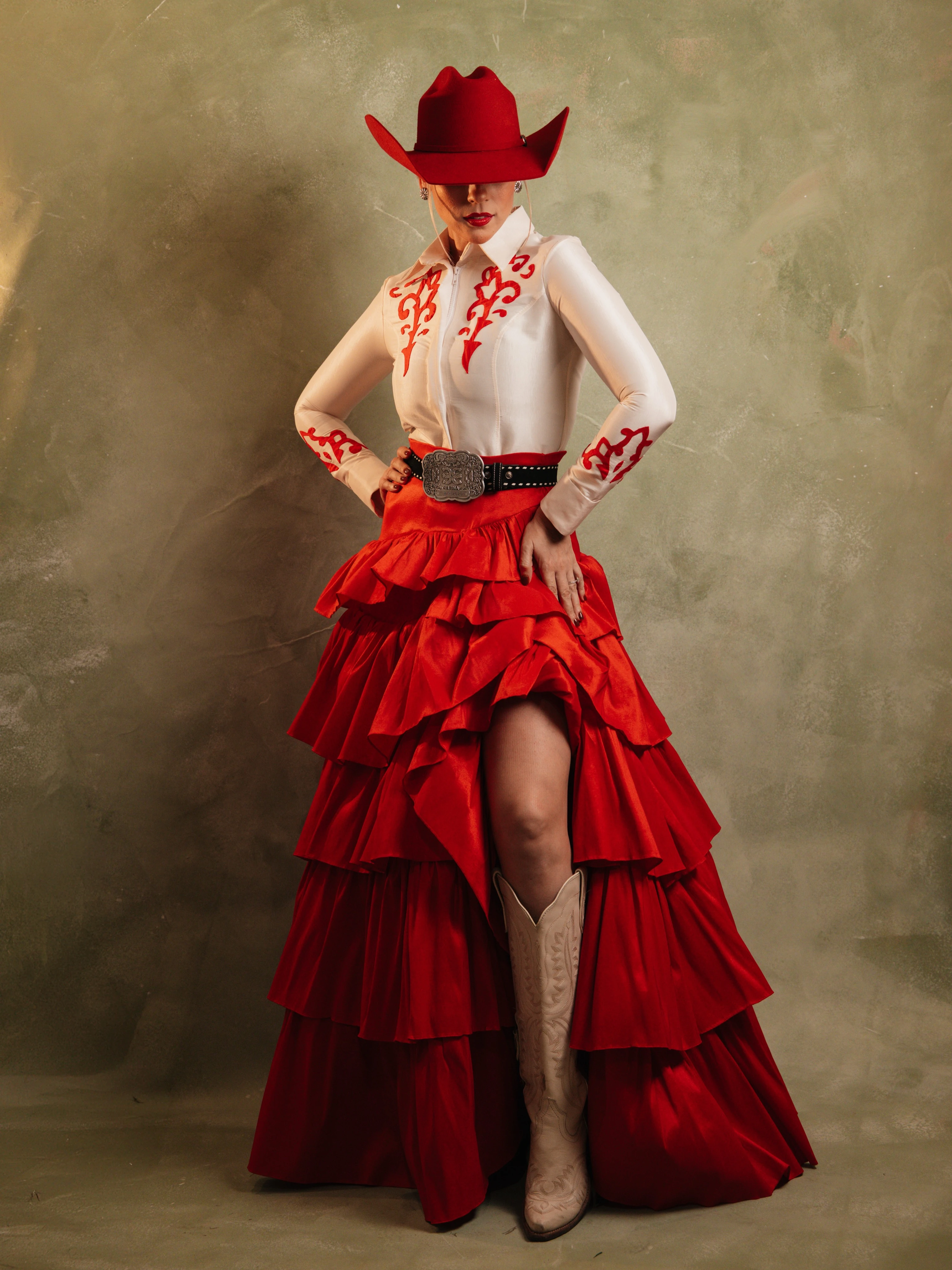 Women's High Waist Red Ruffle Tiered Maxi Skirt A-Line Satin Long Skirt with High Slit Western Cowgirl Studded Belt Floor-Length
