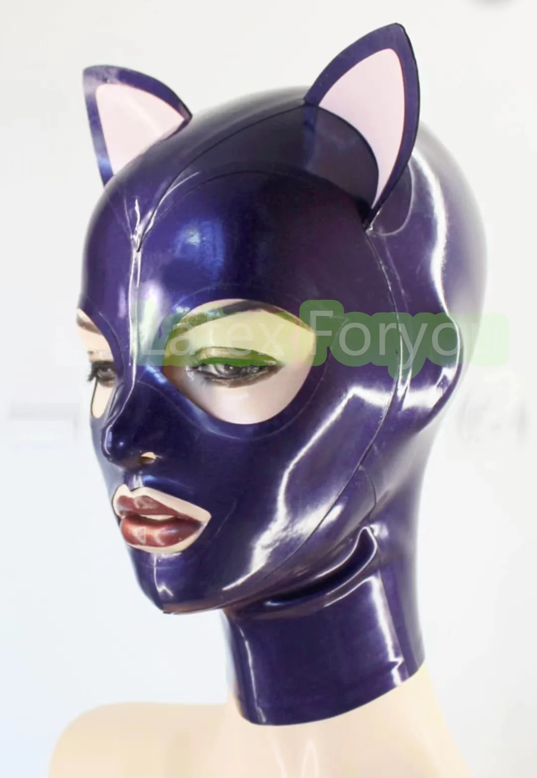 Natural Latex Hood with Cat Ears Back Zip Handmade Sexy Fetish Rubber Mask Cosplay Wear Halloween Costumes for Women Men