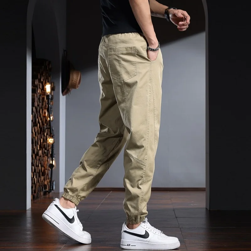 Khaki Baggy Men's Casual Pants Summer Streetwear Casual Cotton Elastic Waist Drawstring Trousers CP2222