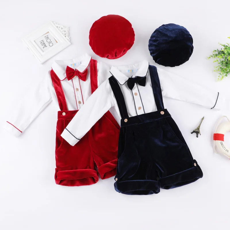 3pcs Spring and Autumn Boys' Set Golden Velvet British Strap Pants Shirt Hat Spanish Boys Christmas Dress Boys Clothes