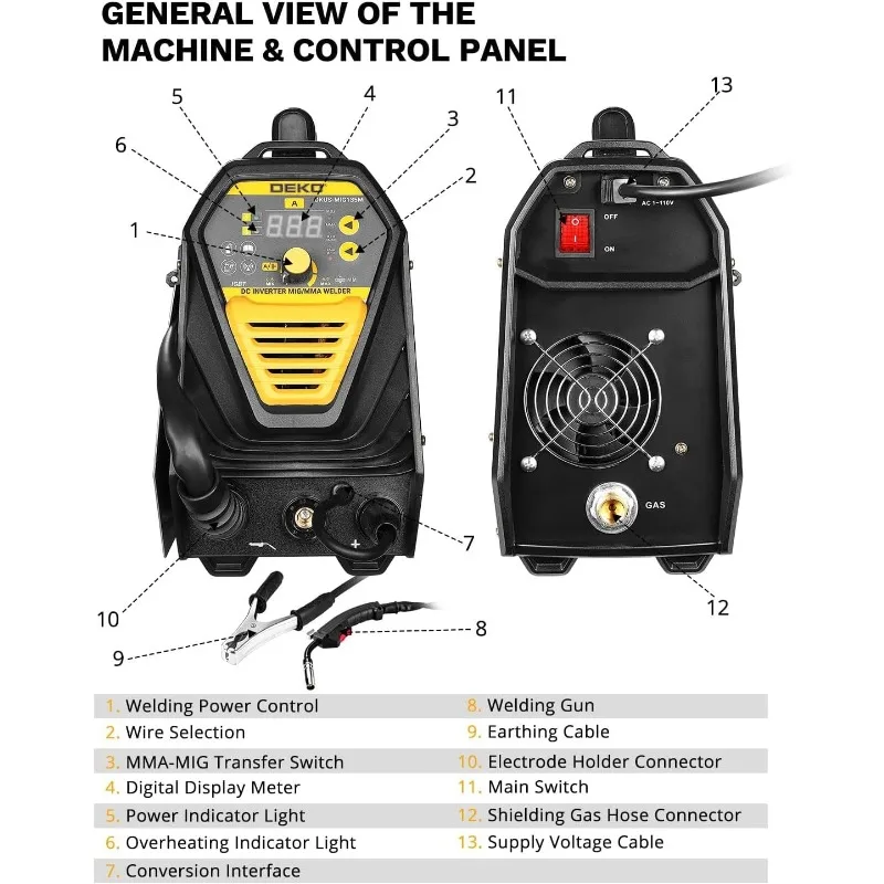 DEKOPRO 135Amp MIG/MMA Welder，110V Flux MIG/Stick/Gass MIG 3 in 1 welding machine IGBT DC Inverter