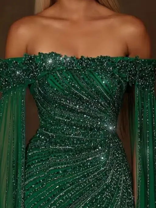 

Luxury Emerald Green Linear Beaded Dress Dramatic Off The Shoulder Flowing Sleeves Party Dress Evening Gown Guests فساتين سهرة