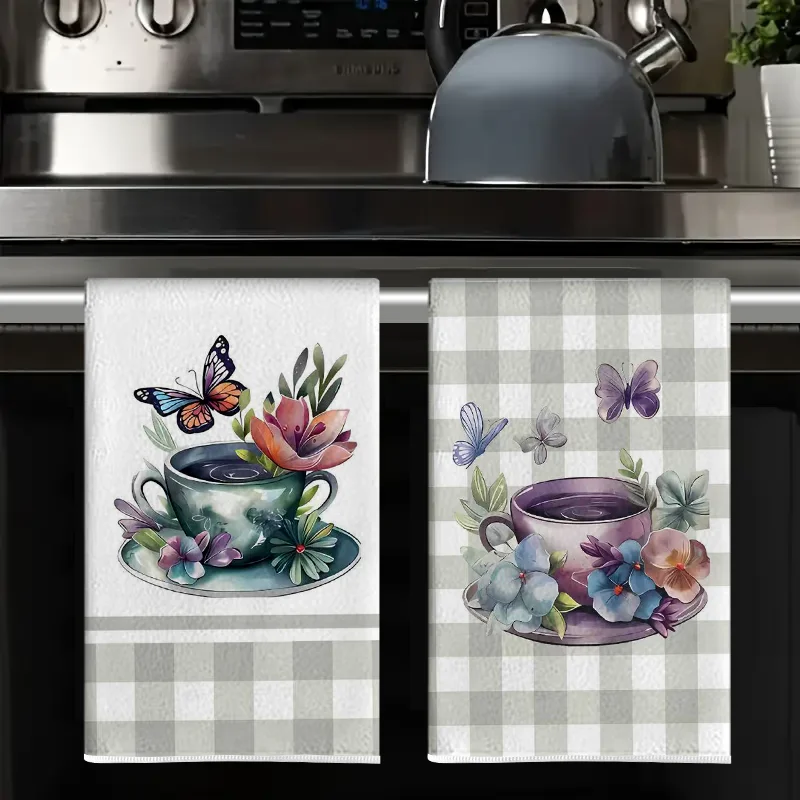 2Pcs, Plaid Butterfly Kitchen Towels, 40Cm*60Cm Towel Set, Super Absorbent Soft Cleaning Cloth, Cooking and Baking Tea Towel, Hand Towel, Cleaning Cloth, Dishwashing Cloth, Kitchen Decoration, Living Room Decorations, Kitchen Essentials, Home Essentials