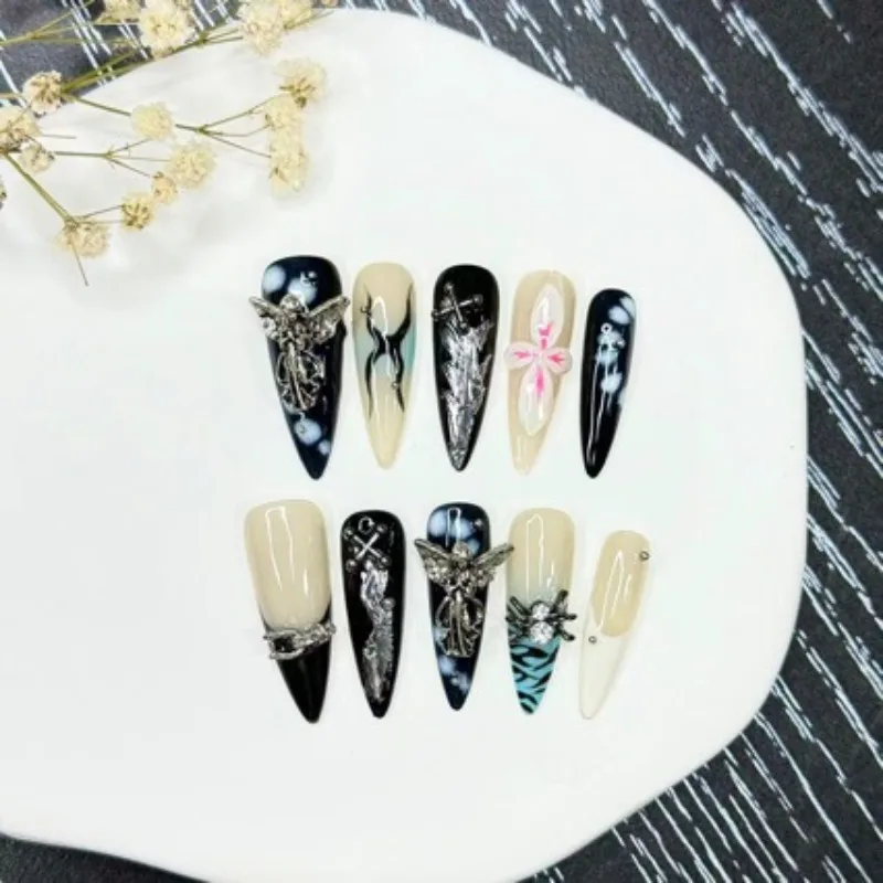 

10PCS Y2K Hot Girl Style Press on Nails Long Stiletto Custom 3D Carved Design Instagram Trendy False Nails Handmade Nails Ноготь