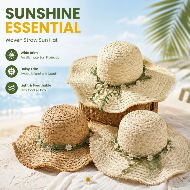 Hand Woven Raffia Straw Hat with Floral Wreath Ornament Women Summer Wide Brim Sun Hat Versatile Beach Headwear for Travel
