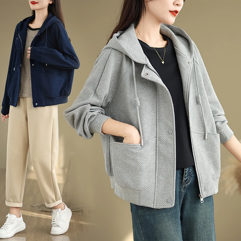 

Spring Autumn 2025 Women's Casual Faionable Hooded Silk Blend Open Cardigan ort Jaet plus Size Slimming Top