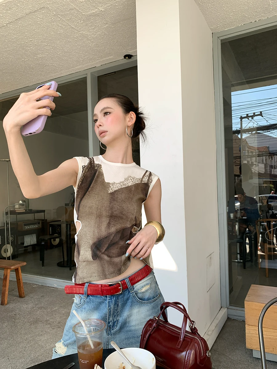 

Новинка лета: Женский кружевной укороченный топ на бретельках, облегающий, с вырезами, повседневная футболка с круглым вырезом