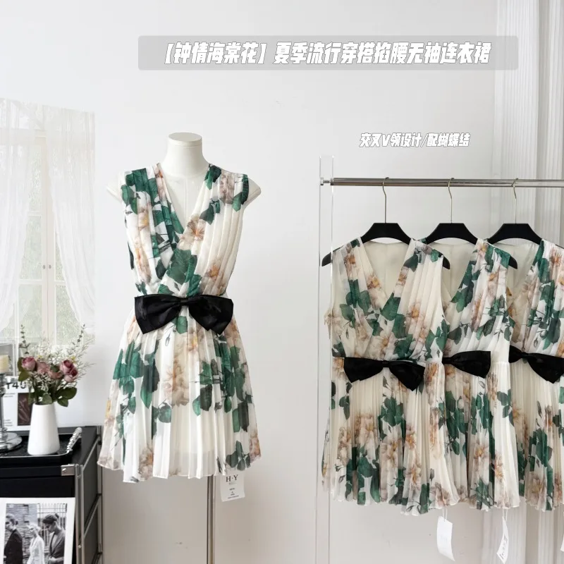 

Gothiscyn Fairy Style Bow Floral Dress for Women's Summer Slim Fit V-neck Sleeveless A-line Short Dress Fashion Female Clothes