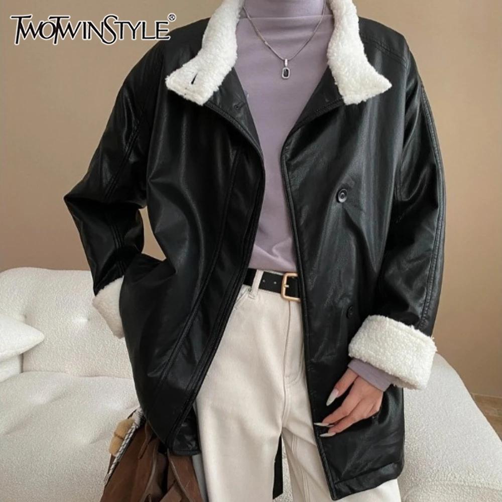 

TWOTWINSTYLE Solid Spliced Pocket Leather Jacket Female Stand Collar Long Sleeve Streetwear Vintage Women's Jackets Fashion New