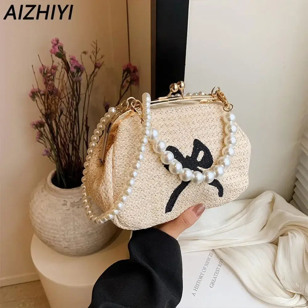 

Cute Bow Crossbody Bag for Women Raffia Woven Beach Straw Shoulder Bag with Pearl Chain Clutch Fashion Bohemian Handbag Purses