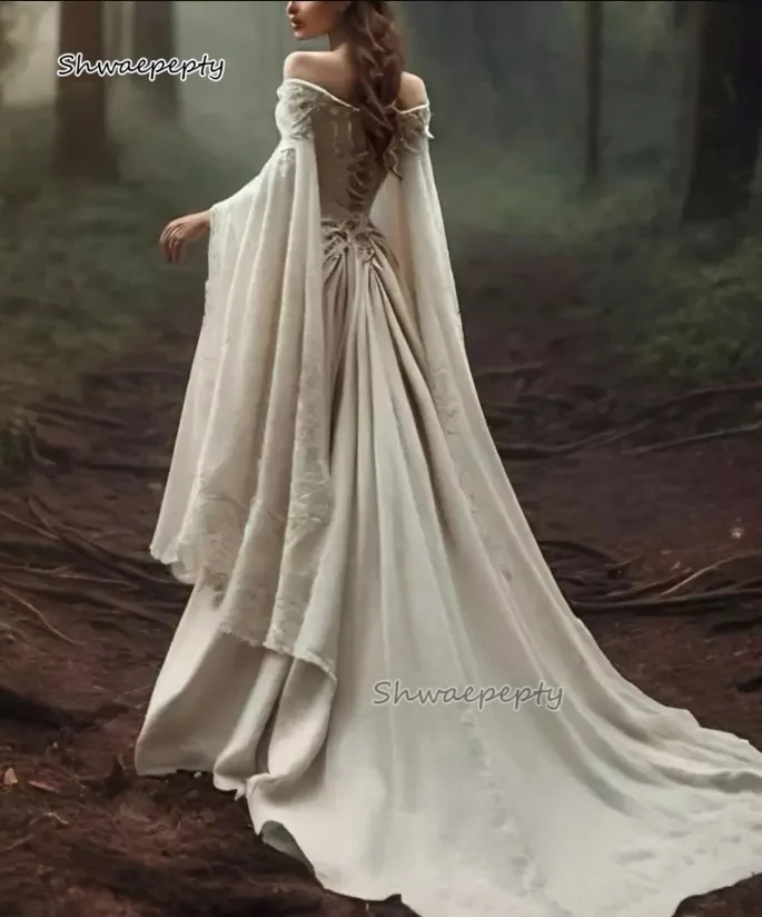 Medieval Renaissance Period Wedding Dress With Off Shoulder Cape Long Sleeves Lace Ivory A-Line Vintage Bridal Gown Customized image 2