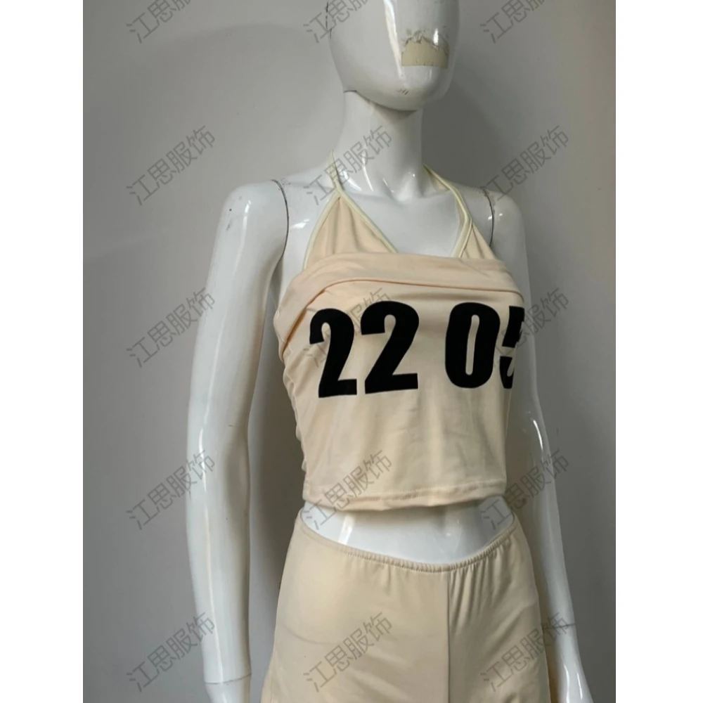 Sexy hot girl sexy beach style three piece bikini retro letter printed crop top slim fit set pants ins