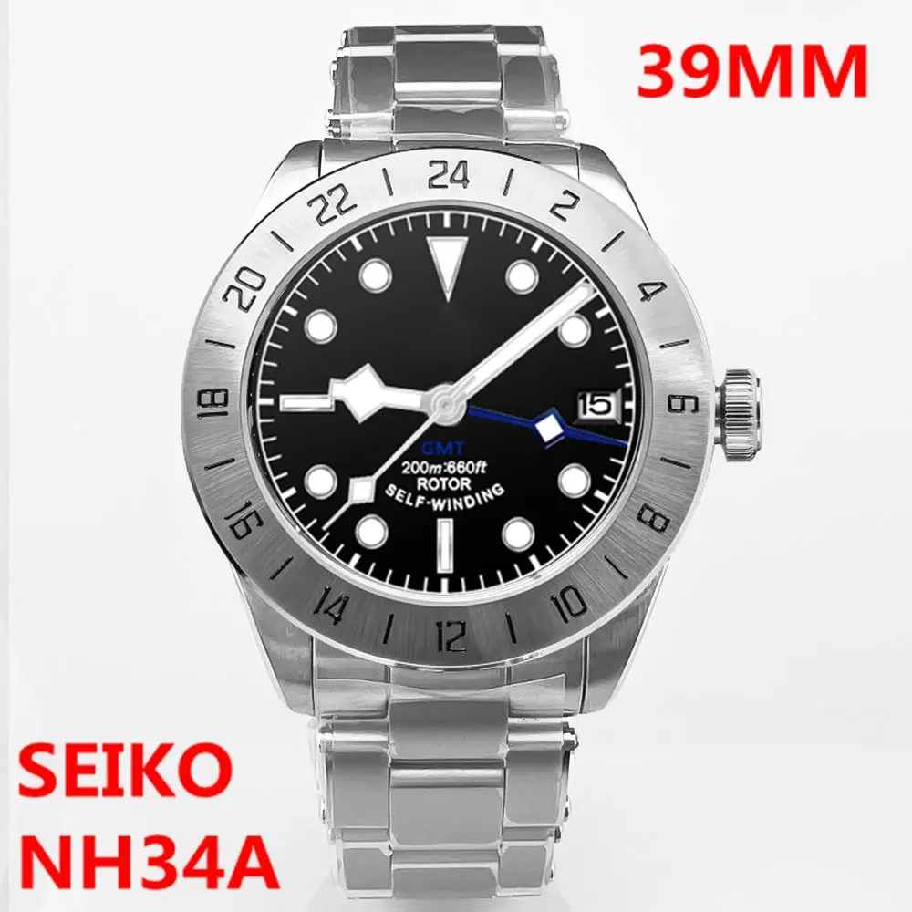 

39MM NH34 GMT Men Mechanical Watches Fixed Bezel 200M Waterproof Sapphire Glass Stainless Steel Dive Automatic Watch for Men
