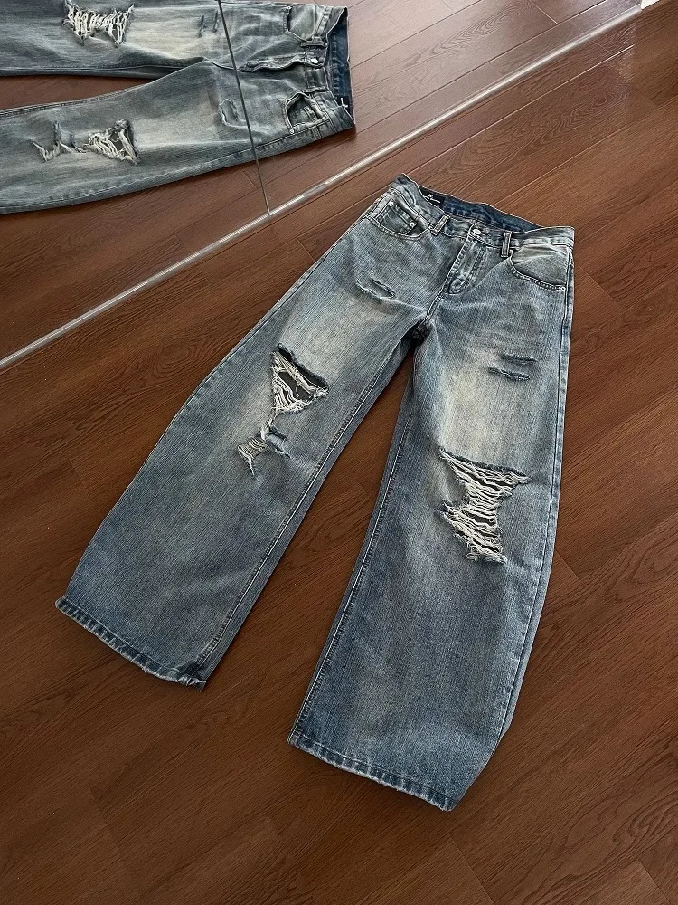 

Retro Washed Blue Ripped Jeans For Men Summer American Casual Fashion Street Style Loose Male Hollow Out Denim Pants