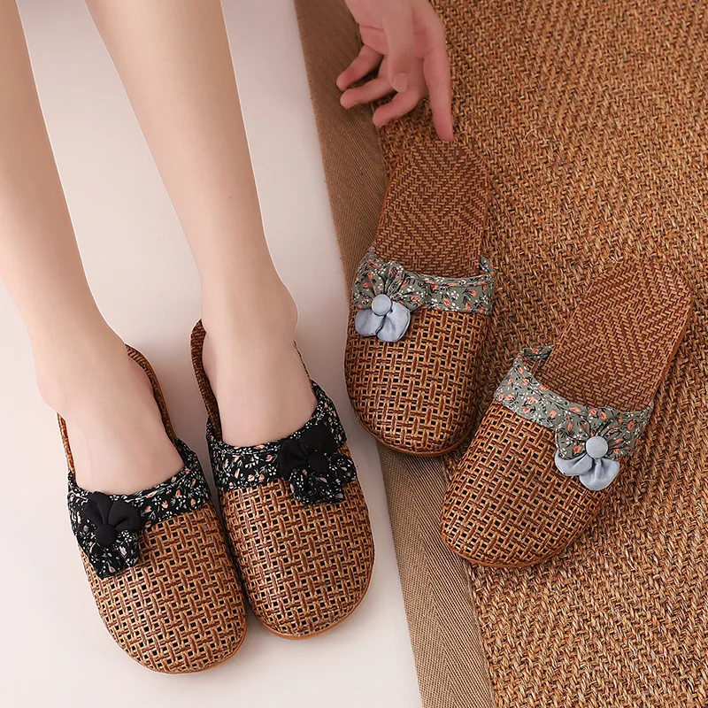 2022 New Linen Slippers Women Summer Bamboo Mats Home Slippers Wooden Floor Shoes Women Eva Soft Sole Beach Slippers Shoes Women