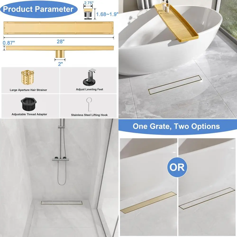 

28 Tile-Inset Linear Shower Drain, 304 Stainless Steel, Brushed Gold, Adjustable Feet, Hair Catcher for Bathroom