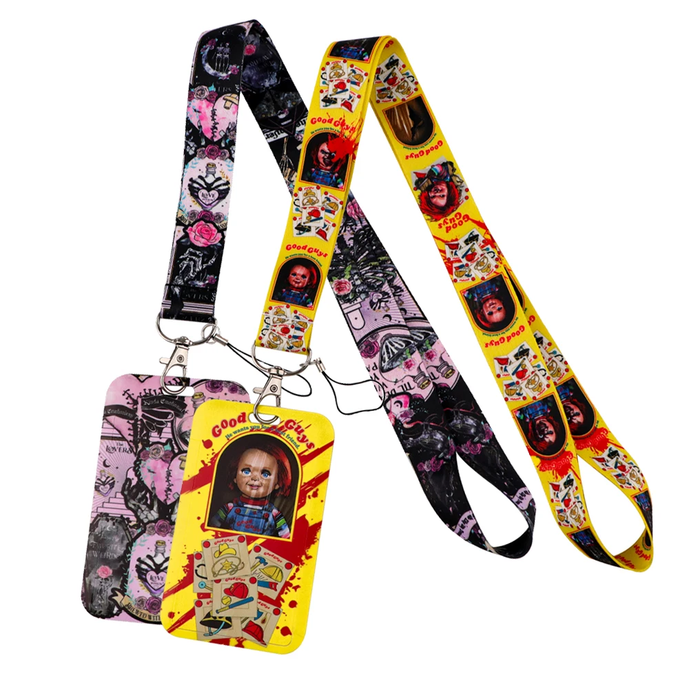 Halloween Movies Staff Working Cards Holder with Long Lanyard and Badge Reel ID Credit Cards Holder Cover for Woman Phone Rope