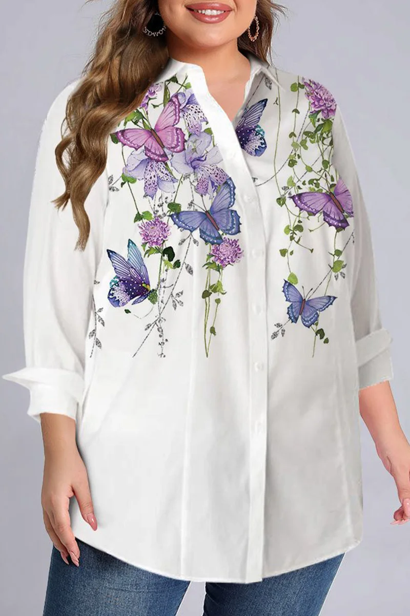 Flycurvy Plus Size Casual White Turn-Down Collar Butterflies Print Blouses