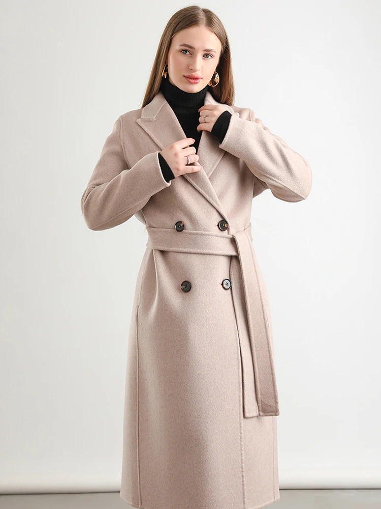 Merino Wool Long Coat for Women, Commuter Lapel, Double-Breasted Jacket, Versatile, Monochromatic, Autumn and Winter, 2024, New