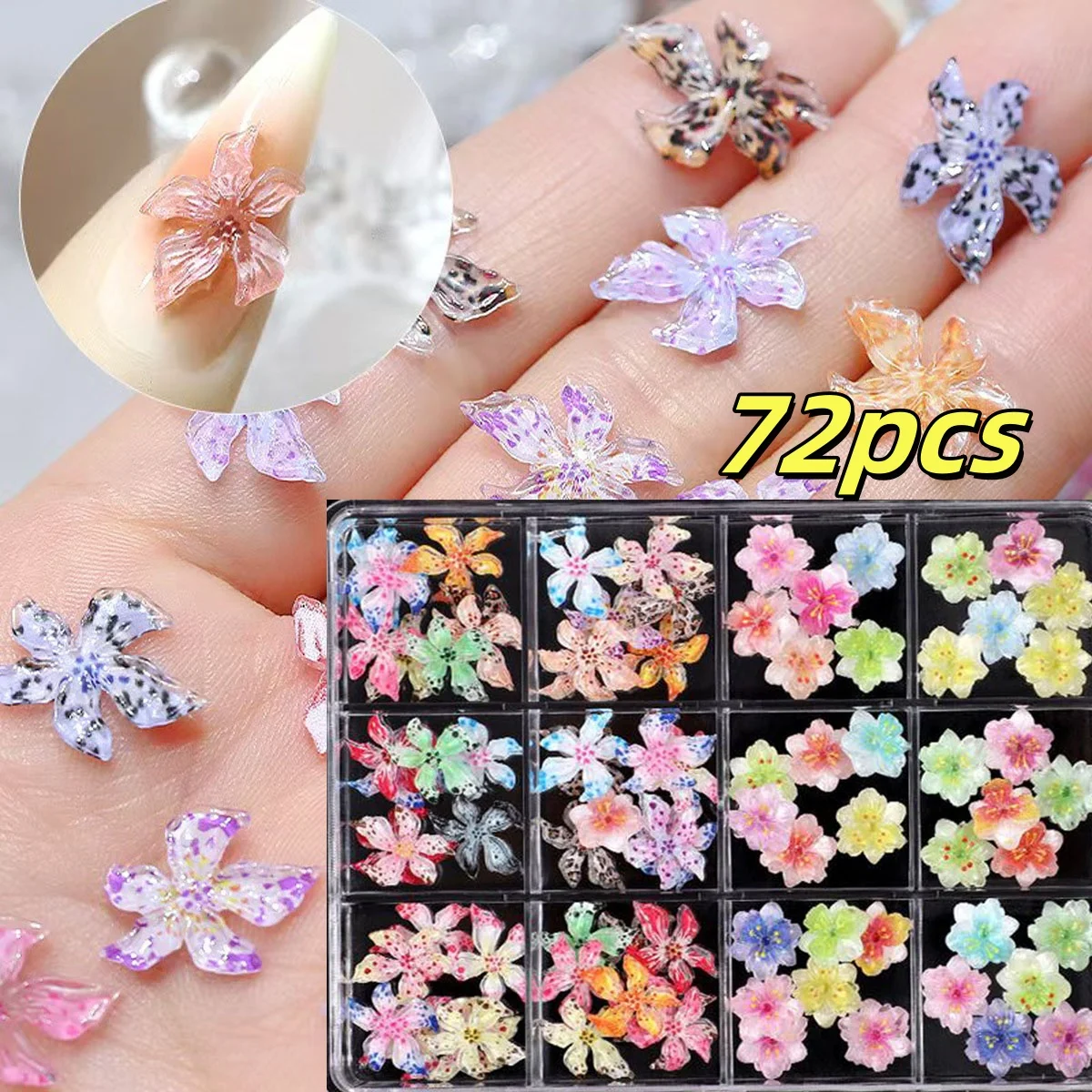 

72pcs 3D Lily Cherry Blossom Nail Charms Soft Carved Ice Crystal Flower Nail Decor Luxury Crystal Fruit Jelly Color Nail Gems *^