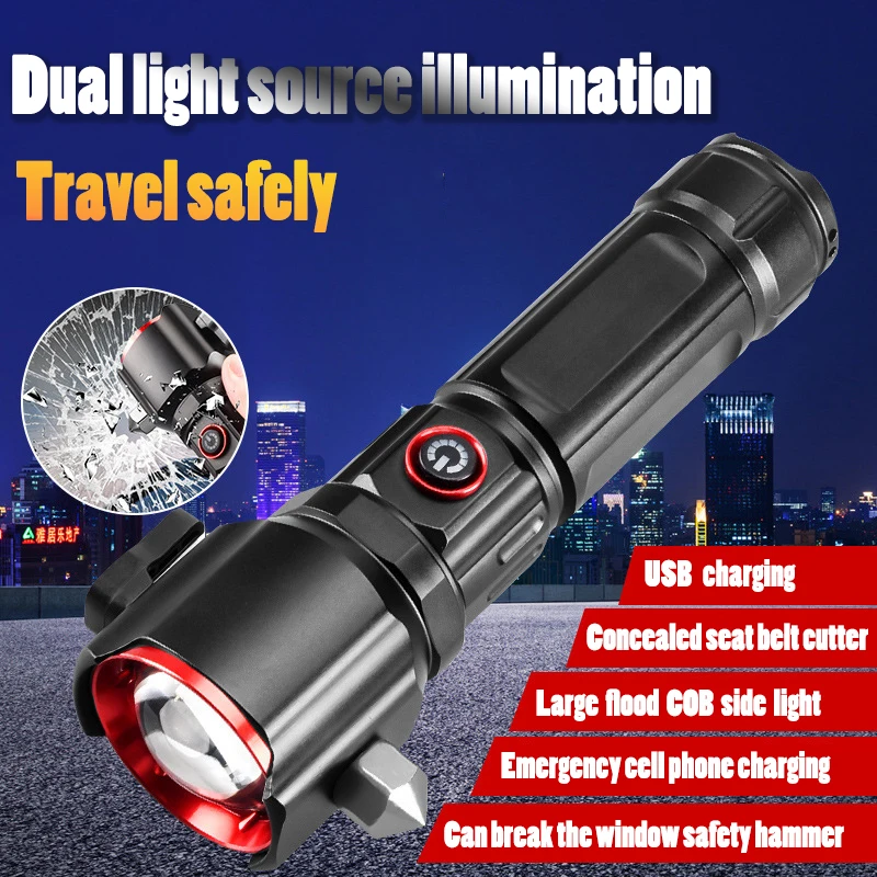 

Multi-functional High Power LED Flashlight with USB Charging COB Safety Hammer Zoom Waterproof Aluminum Alloy White Laser Torch