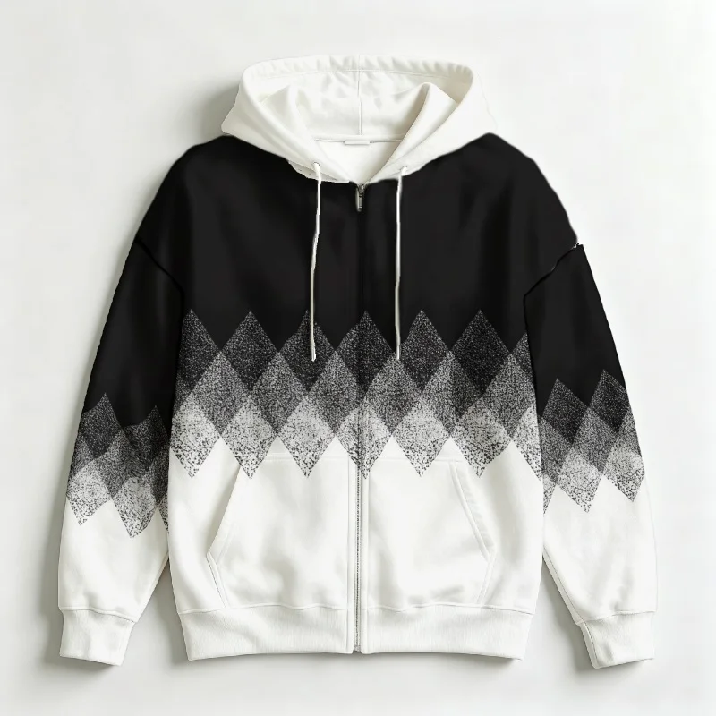 Men Zip Up Hoodie 3D Geometric Diamond Print Drawstring Long Sleeve Casual Sweatshirt Male Outerwear