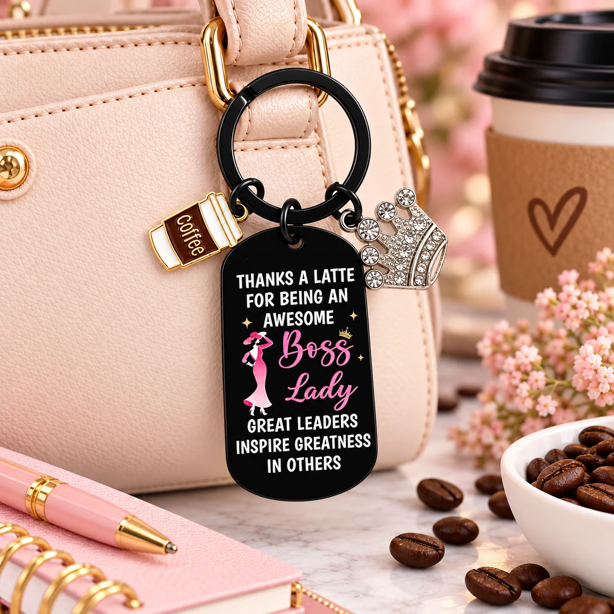 Woman Leader Inspirational Keychain, Thanks A Latte Engraved Key Ring, Coffee Crown Charm Key Chain, Appreciation Gift