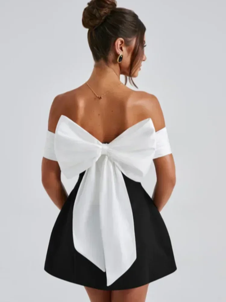 Sexy Mini Pary Dress Women Backless Big Bow Off Shoulder Elegant Female Evening Drsses 2024 Fashion Club Lady Short Gown Robe