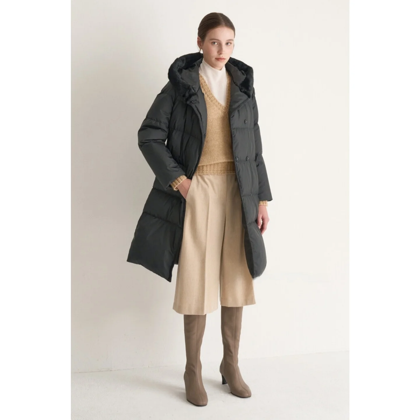 暖かいグースダウンパファージャケット、フード付き、厚手、通勤用、ミドル丈コート、韓国版、シングルボタン、ロングスリーブ