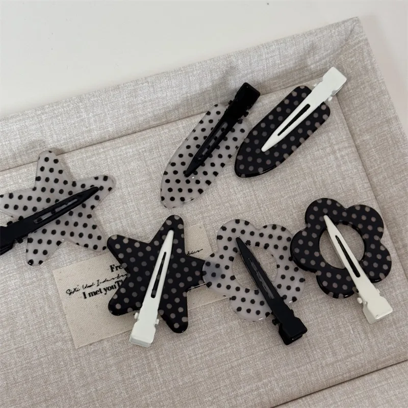 Academy style black and white polka dot hairclip texture side clip hairclip sweet and cute bangs clips side clip hairaccessory - Detail 1