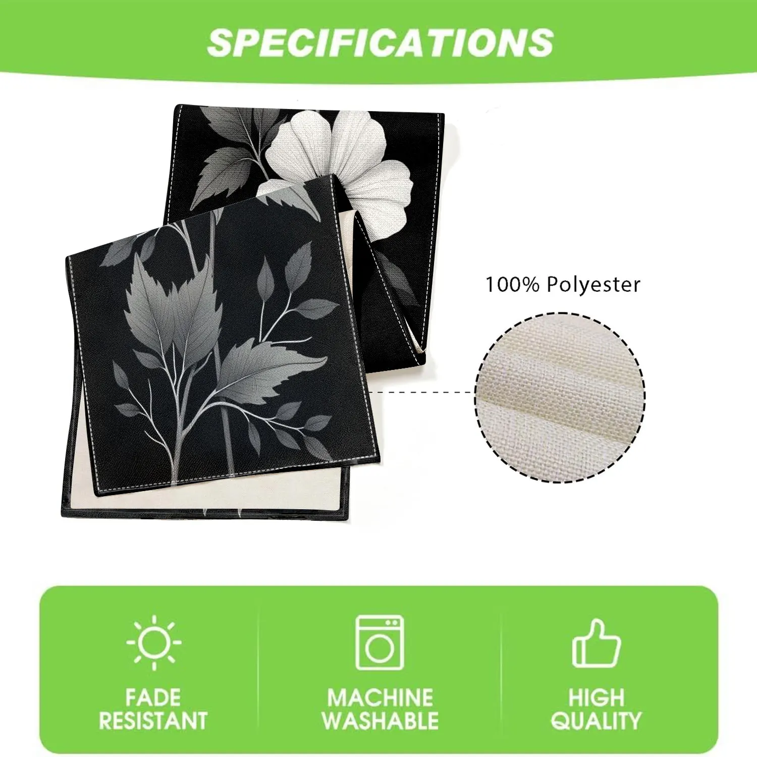 قطعة واحدة من مفرش طاولة على شكل زهور باللونين الأبيض والأسود، خلفية سوداء مع زهور بيضاء ورمادية وأنماط أوراق شجر، مناسبة لطاولات الطعام المنزلية البسيطة، وتخطيط المقهى على الطراز الأسود والأبيض، وحفلات التصوير الفوتوغرافي المنزلي البسيط المتخصصة باللونين الأبيض والأسود والأسود #6