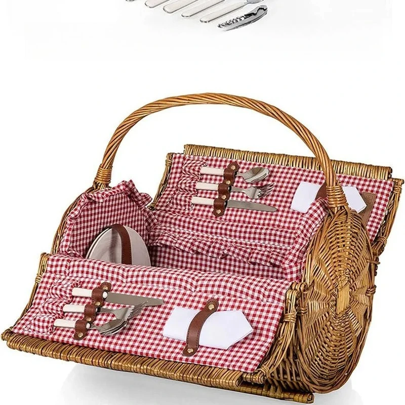 for Outdoor Duplex Wicker Picnic Basket Cylindrical Rattan Plant Hand-Woven Storage Basket