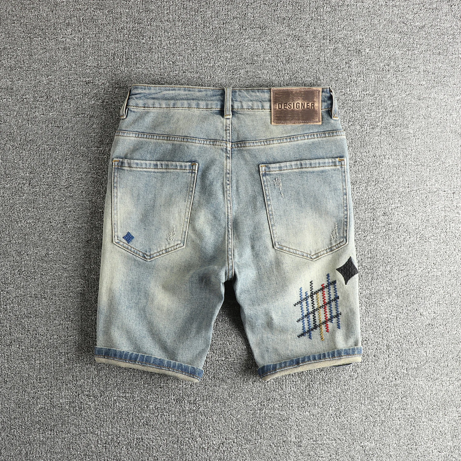 여름 뉴 아메리칸 레트로 자수 데님 카고 반바지 남성 패션 93% 코튼 워시 올드 홀 스트레이트 캐주얼 5 포인트 바지