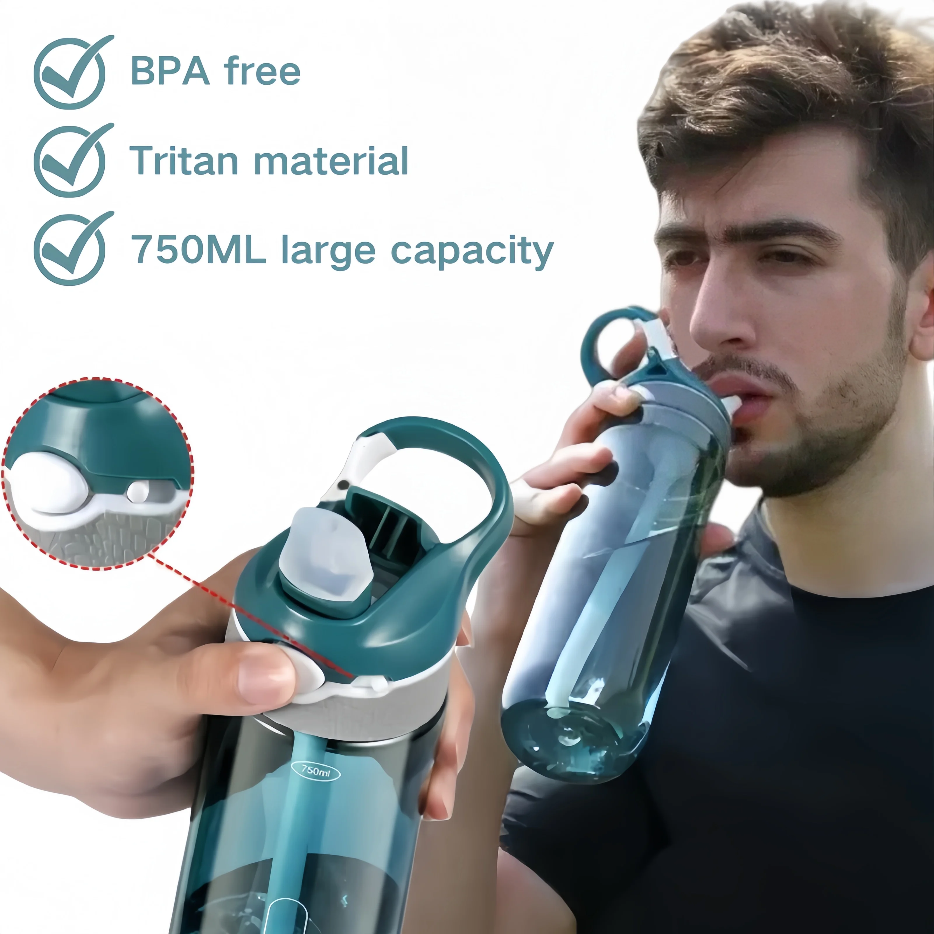 Botella de agua deportiva de material Trian de 750ml con pajita y asa para gimnasio, Camping, senderismo, taza de agua de plástico transparente sin BPA para exteriores
