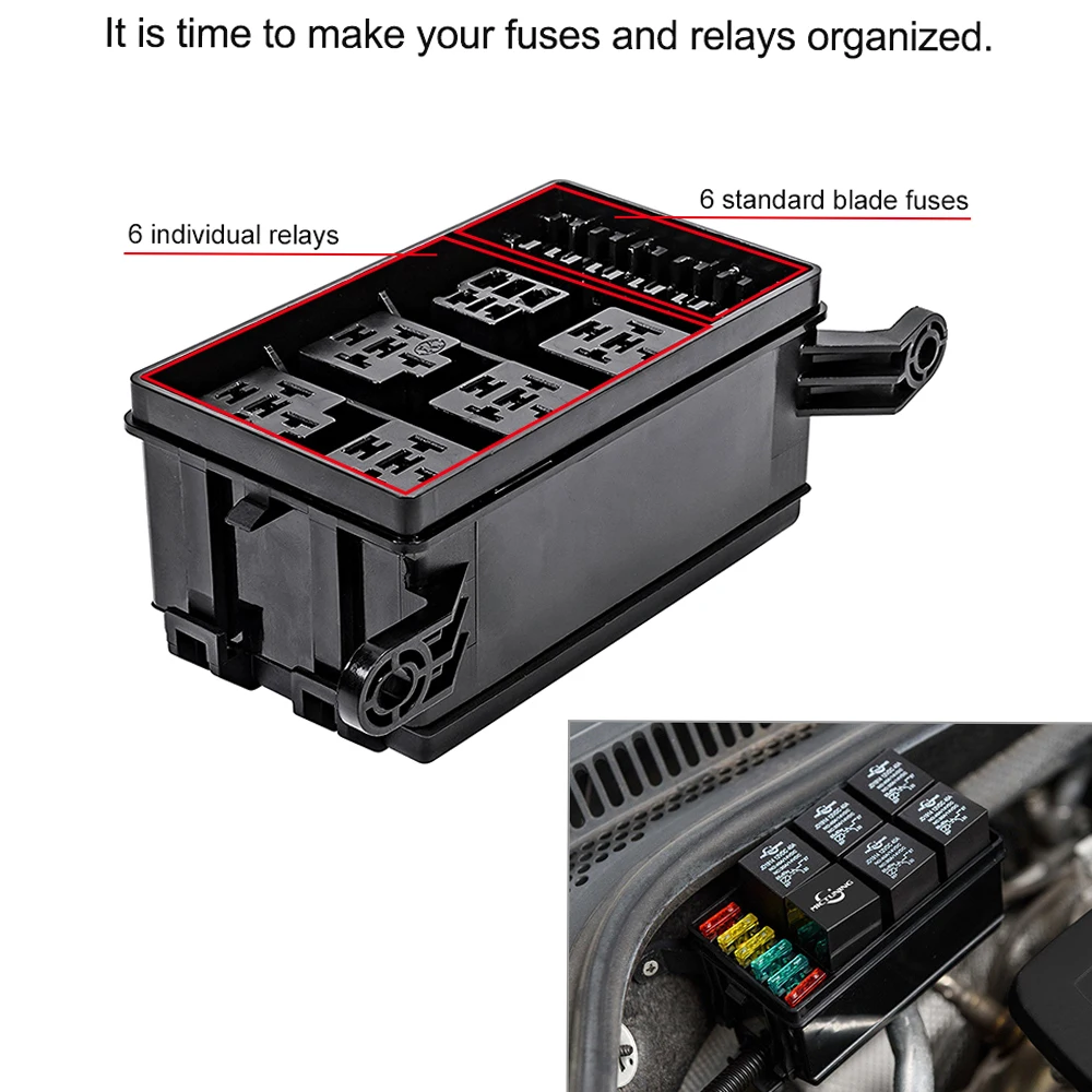 12-Slot Relay Box 6Relays 6 ATC/ATO Standard Fuses Holder Block with 41pcs Metallic Pins Universal for Automotive and Marine Use