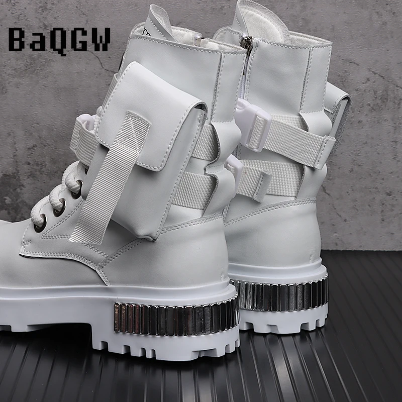 Metal Patchwork High-Top Shoes Men\'s Autumn Winter Fashion Trend Cowboy Boot British Style Height Increasing Leather Short Boots