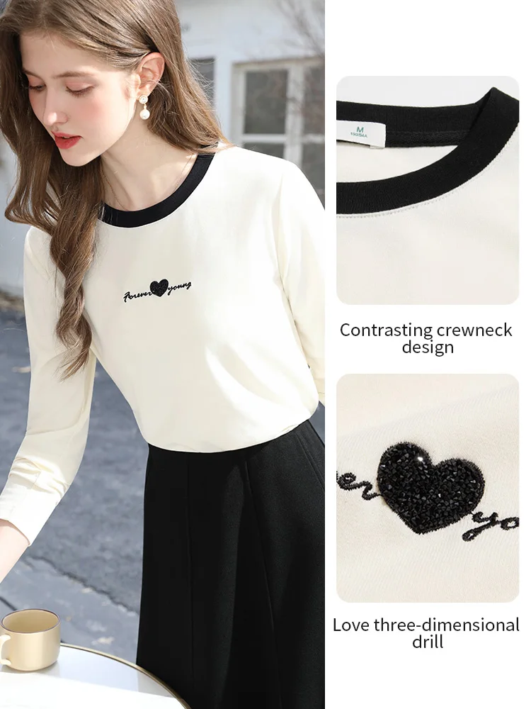 I BELIEVE YOU Donna Top in maglia albicocca 2025 Moda autunno Nuovo cuore ricamato T-shirt a maniche lunghe in cotone Casual Top 2253016148