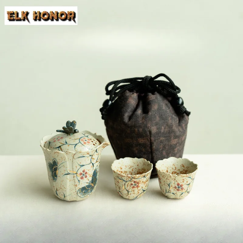 

Hand-painted Butterfly Language Floral Travel Tea Set Kit Japanese 1 Pot 2 Cups Tea Maker Organizer Portable Camping Stock Bags