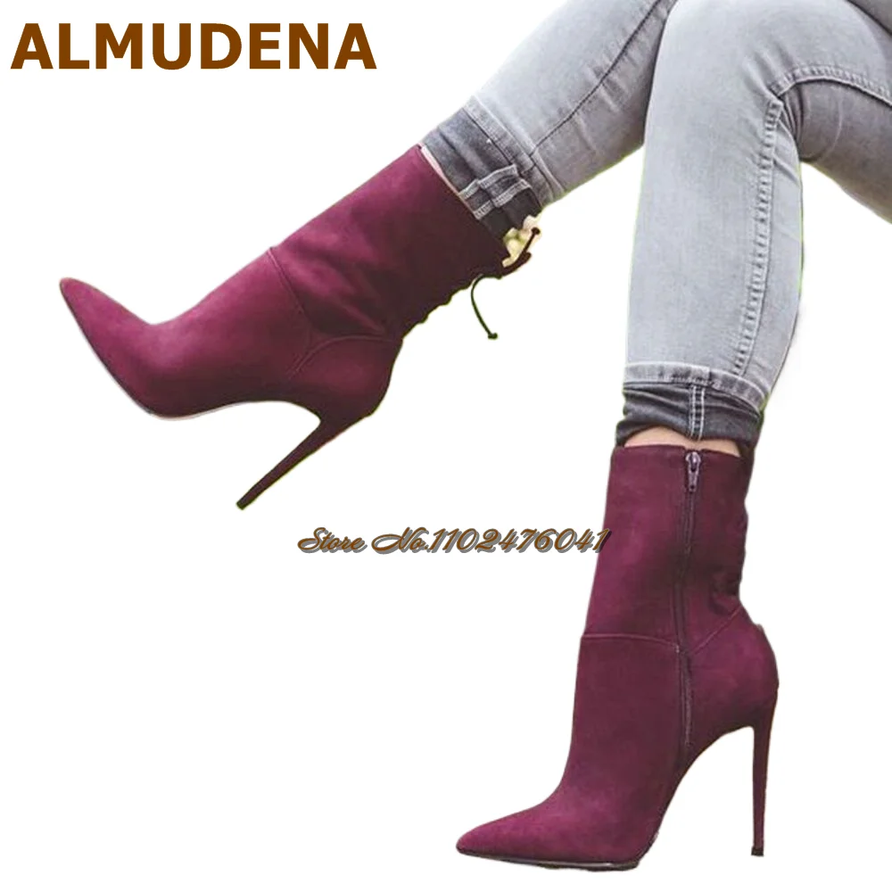 Almudena รองเท้าส้นเข็มหนังกลับสีแดง, รองเท้าหุ้มข้อหัวแหลมแบบผูกเชือกรองเท้าบูตสั้นหัวแหลมรองเท้าหรูหราเบอร์กันดี