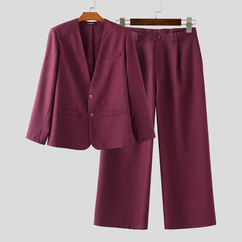 

INCERUN Мужские комплекты Однотонный пиджак и брюки с v-образным вырезом и длинными рукавами Комплекты из двух предметов Элегантная уличная одежда Модные мужские повседневные костюмы S-5XL