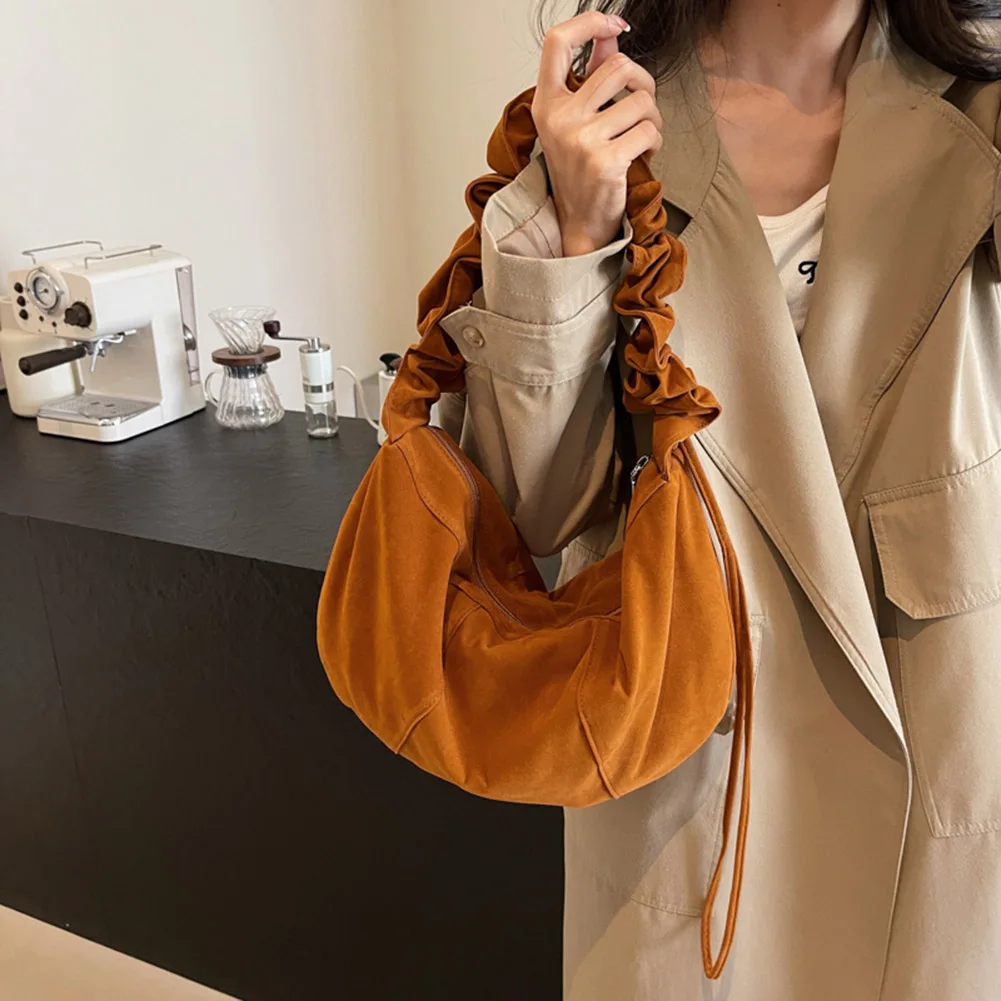 Women Suede Shoulder Bag Ruched Small Hobo Tote Handbag with Adjustable Strap Crescent Bag Mini Clutch for Work Travel