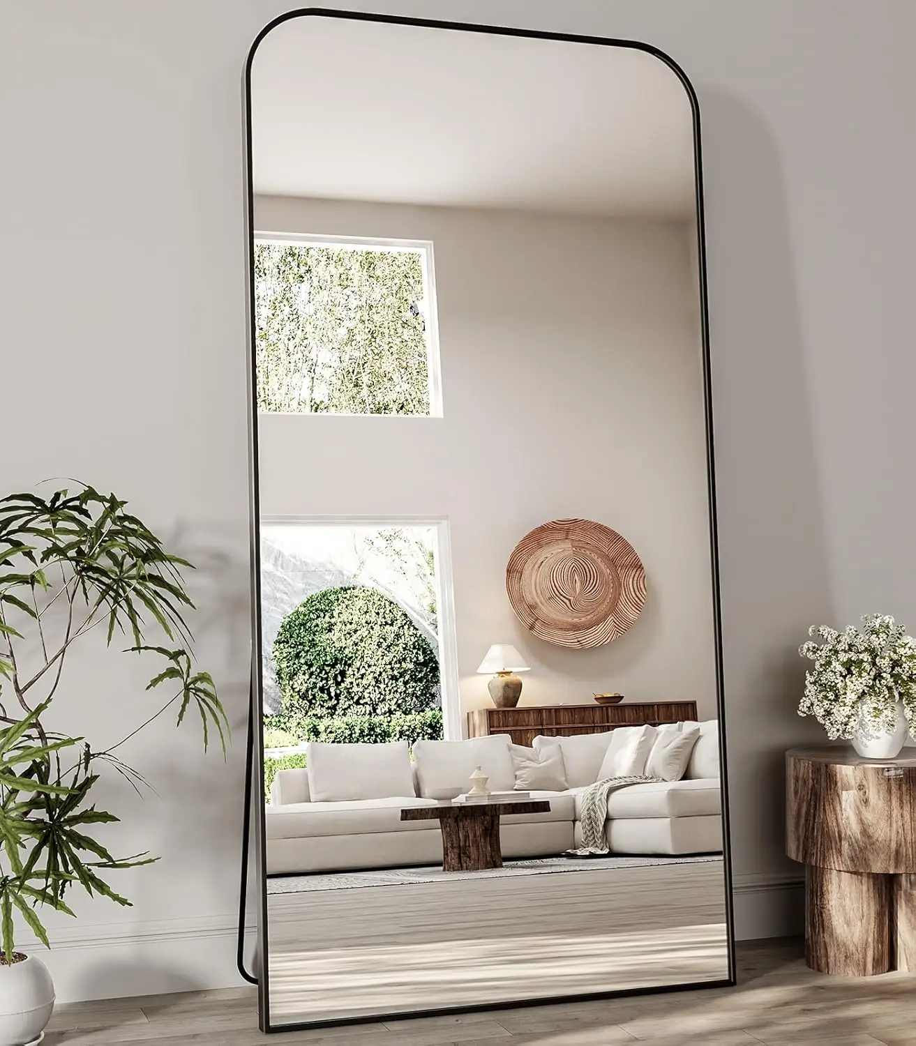 

Зеркало напольное в полный рост 76x34 дюйма с подставкой, черная алюминиевая рама с куполообразным верхом и квадратными краями для спальни и гостиной