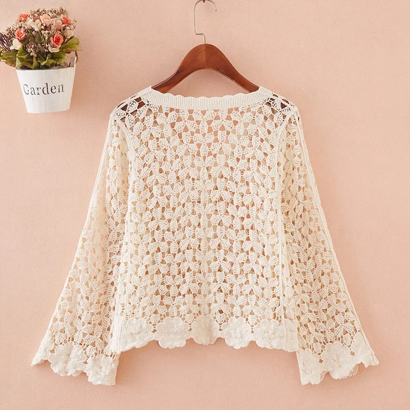 Womens Crochet Top with Long Sleeve Button Front Flower Embroidery White Hollow-out Open-knit Cardigan Summer Beach Wear