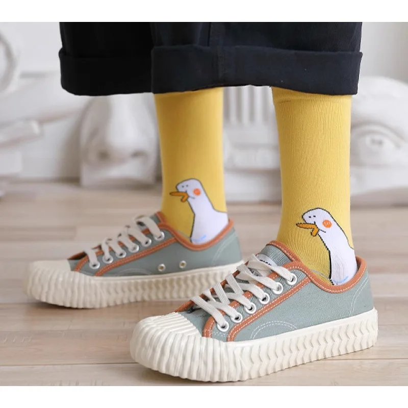 Novo engraçado ganso pato impresso meias moda feminina dos desenhos animados animal inverno quente meados de tubo algodão meia esportes criativo casual sox presente