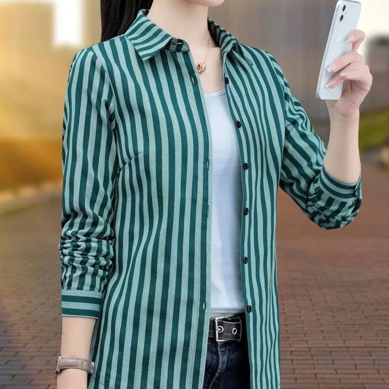 Spring and Autumn Women's Polo Collar Stripe Contrast Button Shirring Long Sleeve Cardigan Tee Shirt Coat Fashion Casual Tops