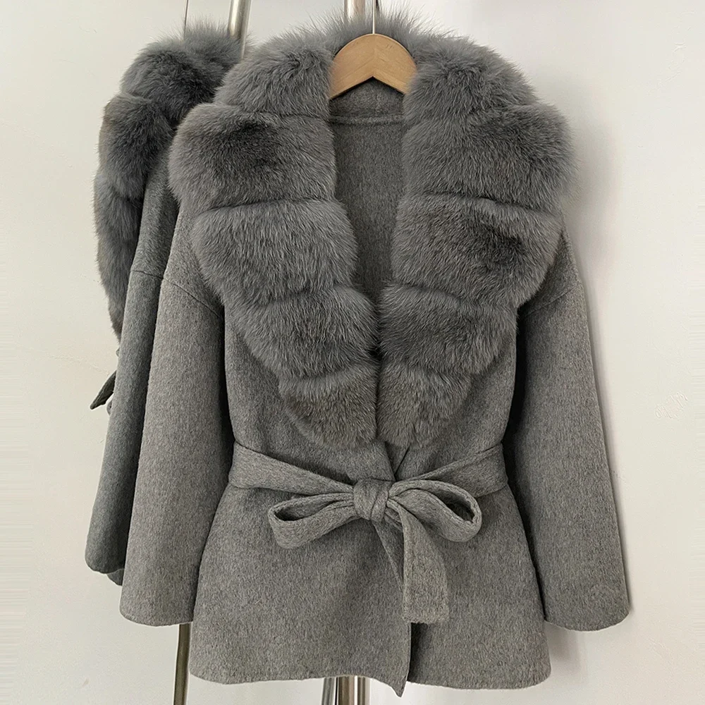 OFTBUY Neuer Damen Kurzmantel aus 100% Wolle Luxuriöse Winteroberbekleidung Übergroßer Echter Fuchspelzkragen Gürtel-Wickeljacke für Damen – Detail 15